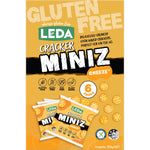 Leda Cracker Miniz Cheeze 6-pack 150g bag and individual snack pack with gluten-free and vegan crackers.