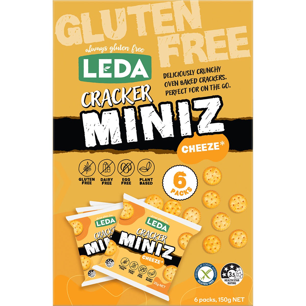 Leda Cracker Miniz Cheeze 6-pack 150g bag and individual snack pack with gluten-free and vegan crackers.