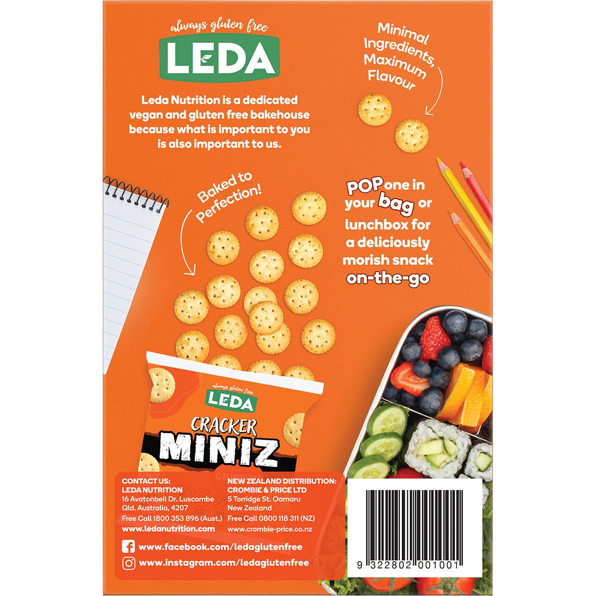 Leda Cracker Miniz Chick'n 6-pack box with a single snack pack showing bite-sized yellow crackers.
