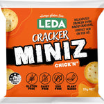 Back of Leda Chick'n Cracker Miniz 6-pack box showing nutritional facts, ingredients, and allergen information.
