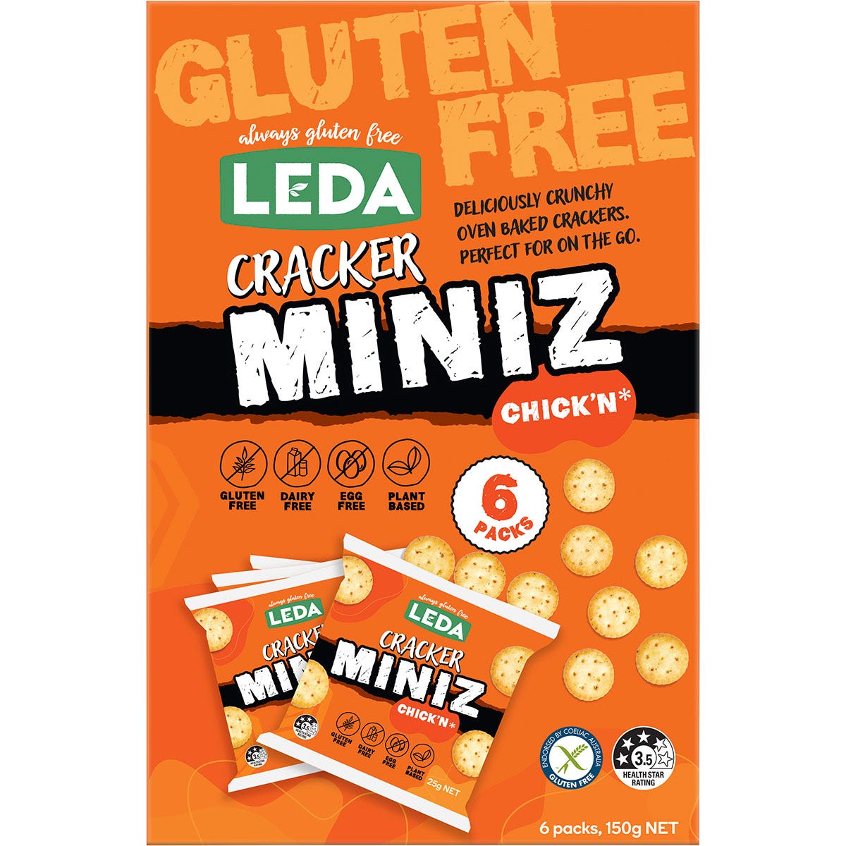 Leda Cracker Miniz Chick'n Multi 6 Pack 150g box and individual snack pack featuring bite-sized yellow crackers.