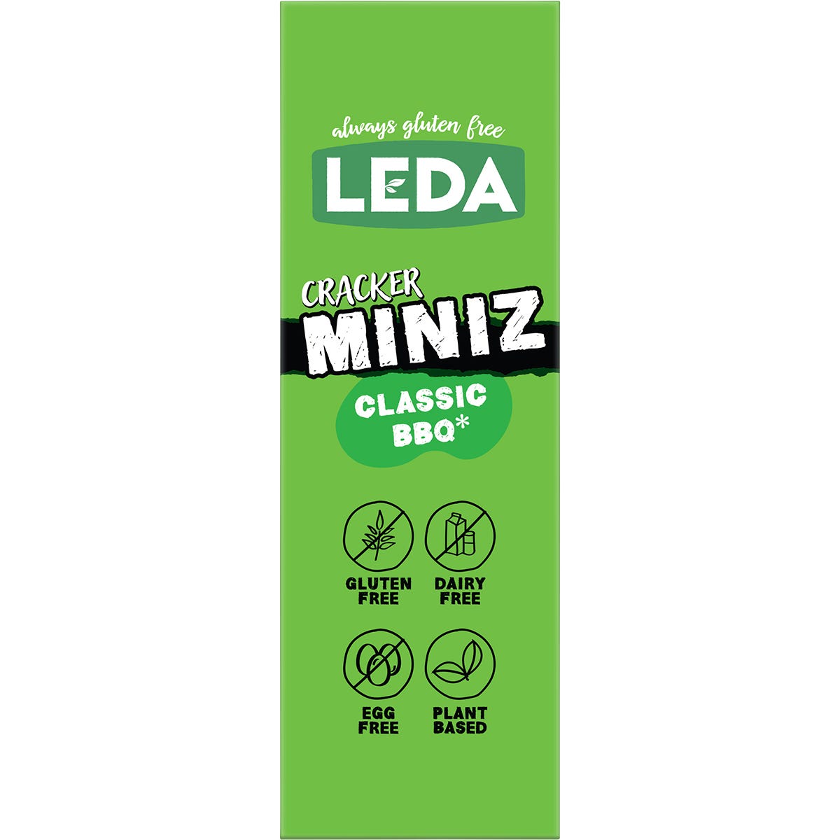 Back of Leda Classic BBQ Cracker Miniz 150g bag with nutrition facts, ingredients, and allergen information.