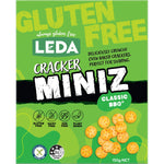 Pack of six 150g Leda Cracker Miniz Classic BBQ bags featuring gluten-free and vegan-friendly bite-sized crackers.