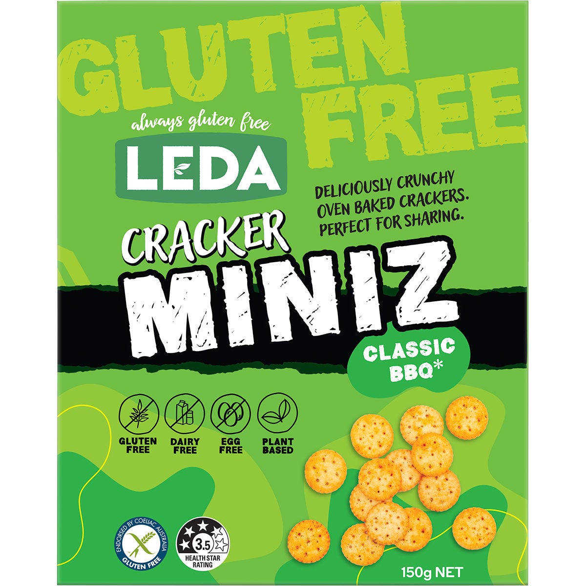Pack of six 150g Leda Cracker Miniz Classic BBQ bags featuring gluten-free and vegan-friendly bite-sized crackers.