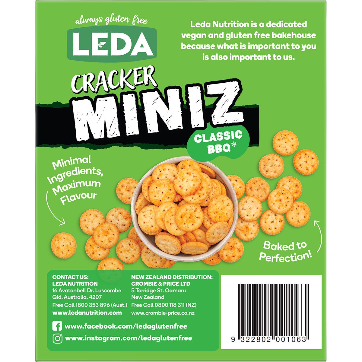 150g bag of Leda Classic BBQ Cracker Miniz, gluten-free and vegan-friendly bite-sized crackers.