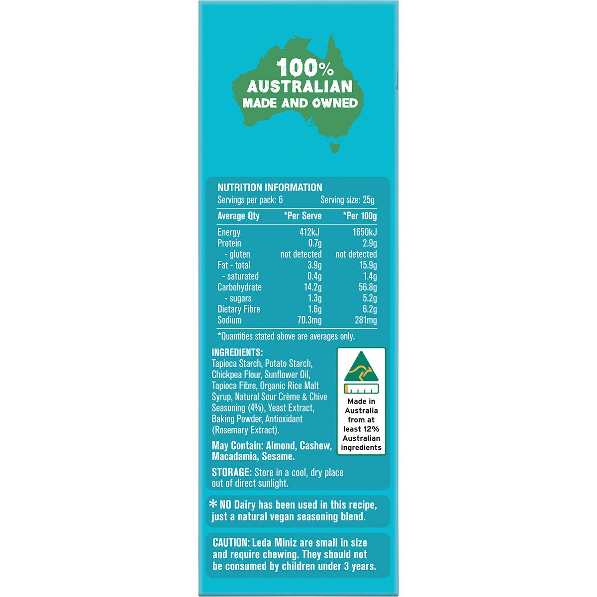 Six 150g bags of Leda Cracker Miniz Sour Crème & Chives, gluten-free and vegan snacks.