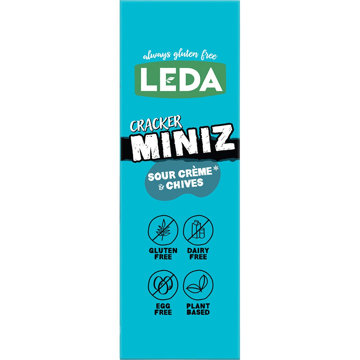 Back of a Leda Cracker Miniz Sour Crème & Chives 150g bag with nutrition facts, ingredients, and allergen info.