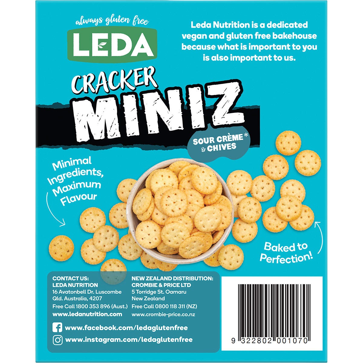 Leda Cracker Miniz Sour Crème & Chives 150g bag, a gluten-free and vegan-friendly snack.