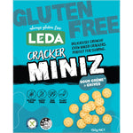 6-pack of Leda Cracker Miniz Sour Crème & Chives 150g bags, gluten-free and vegan-friendly snacks.