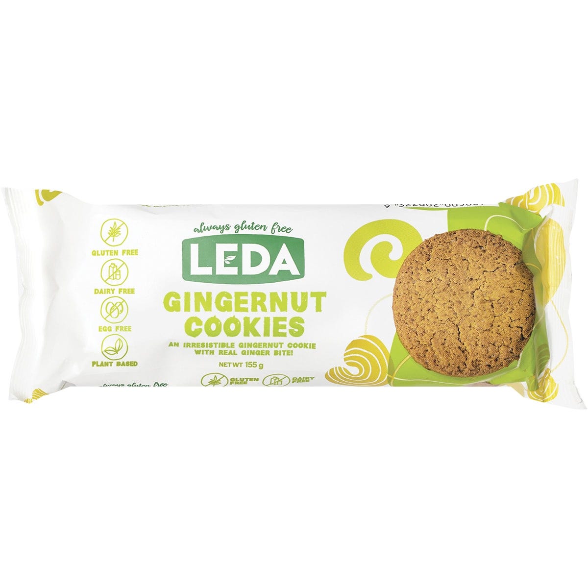 Eight 155g packs of Leda Gingernut Cookies, showing crunchy golden biscuits on a brown and orange label.