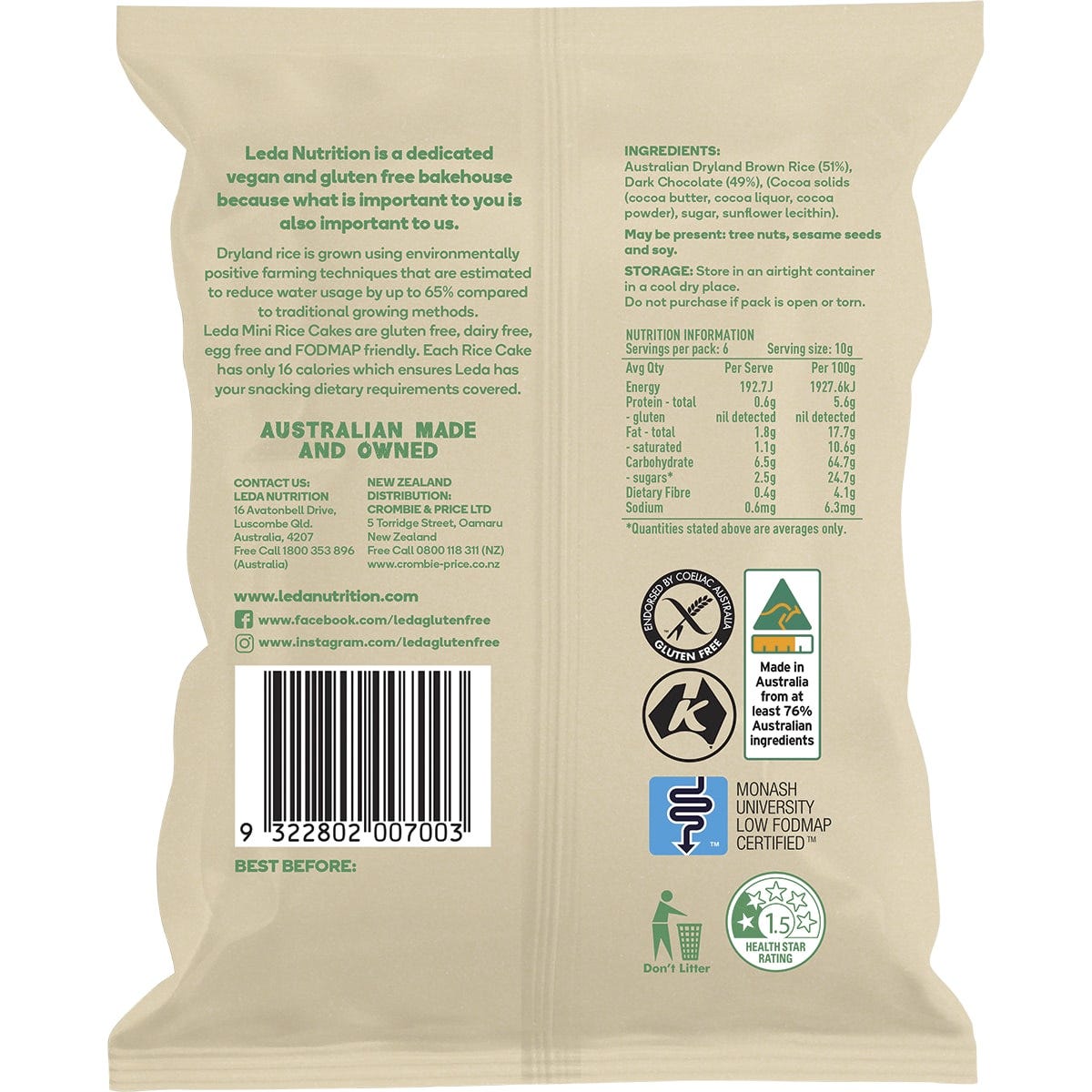 Leda Mini Rice Cakes Dark Chocolate 60g pack showing crispy brown rice cakes dipped in vegan dark chocolate.