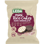 60g pack of Leda Mini Rice Cakes Dark Chocolate featuring crispy brown rice cakes dipped in vegan dark chocolate.