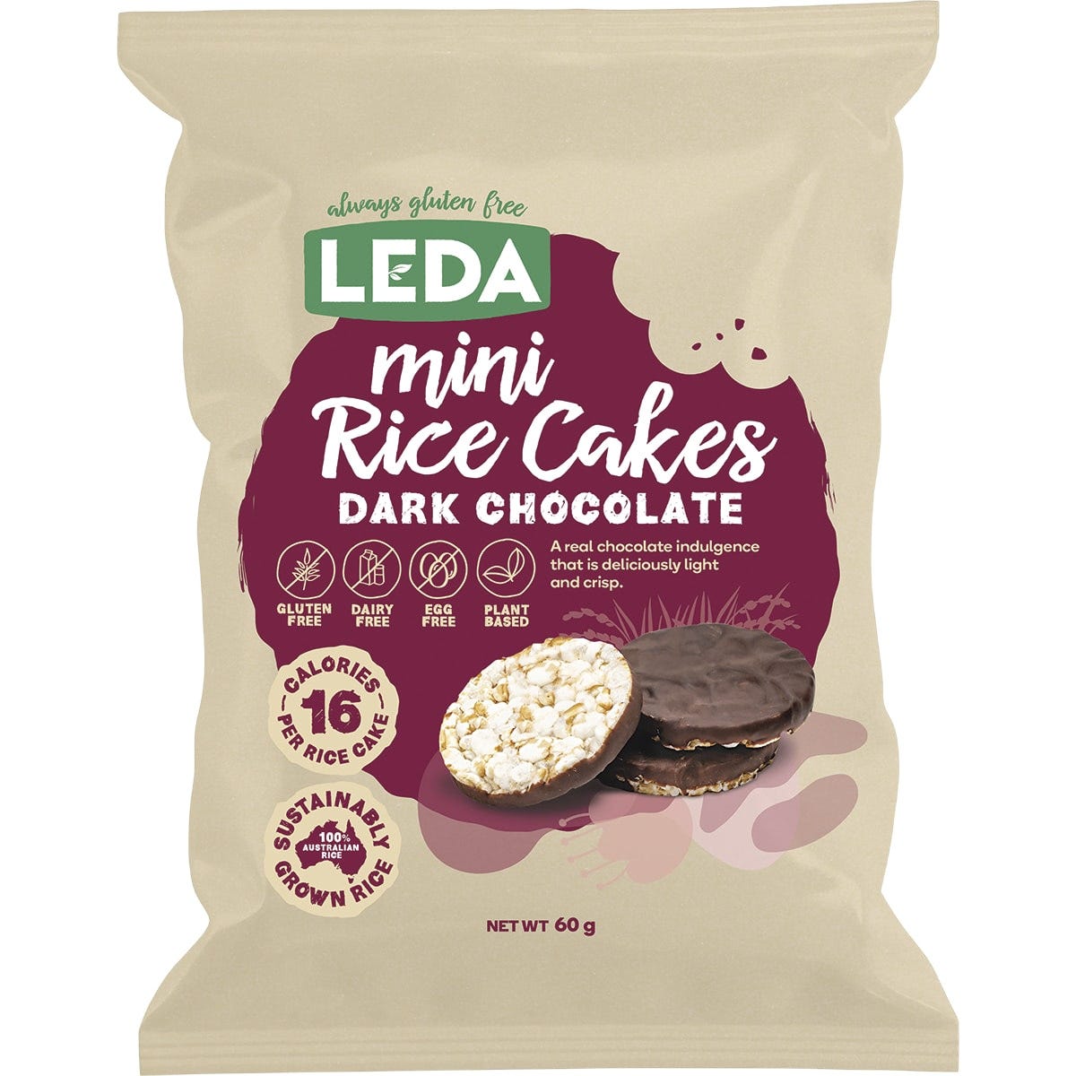 60g pack of Leda Mini Rice Cakes Dark Chocolate featuring crispy brown rice cakes dipped in vegan dark chocolate.