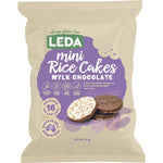 Leda Mini Rice Cakes Mylk Chocolate 60g pack of 6 featuring a chocolate-dipped rice cake on a blue and white background.