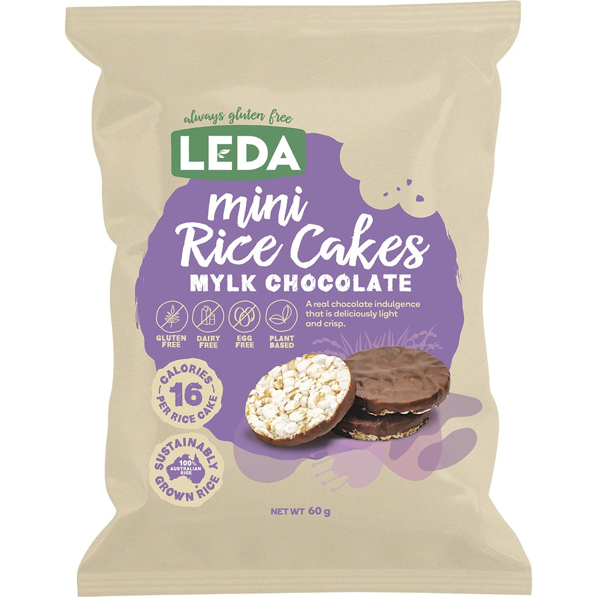 Leda Mini Rice Cakes Mylk Chocolate 60g pack of 6 featuring a chocolate-dipped rice cake on a blue and white background.