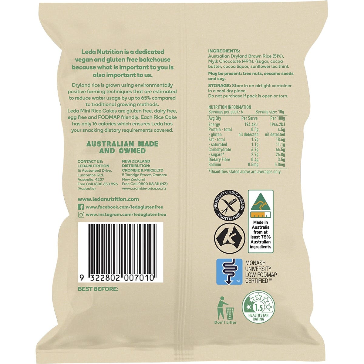 Leda Mini Rice Cakes Mylk Chocolate 60g pack of 6 featuring gluten-free and vegan chocolate-coated rice cakes.