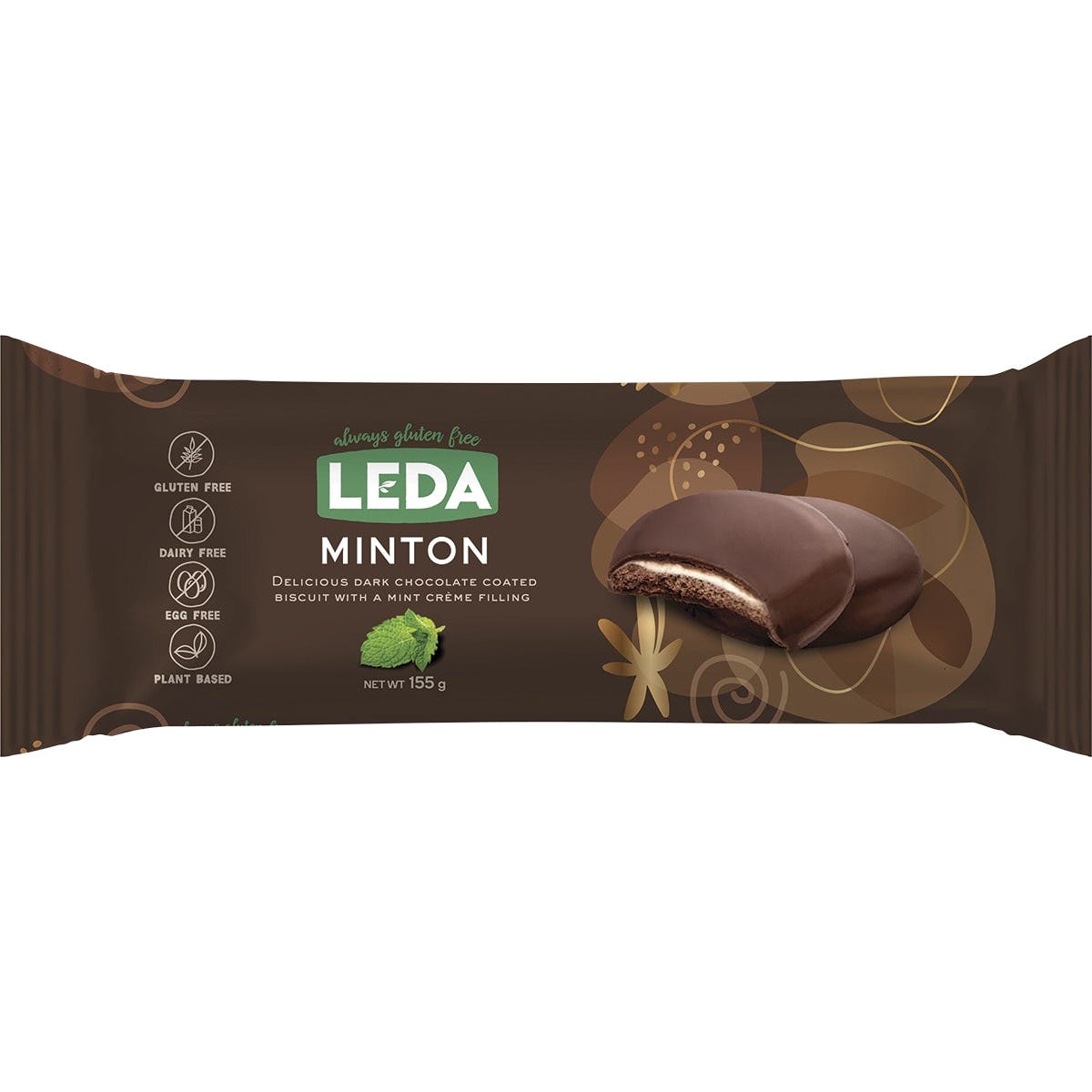 A box of 8 Leda Minton Biscuits (155g) featuring dark chocolate-coated mint creme sandwiches on a white background.