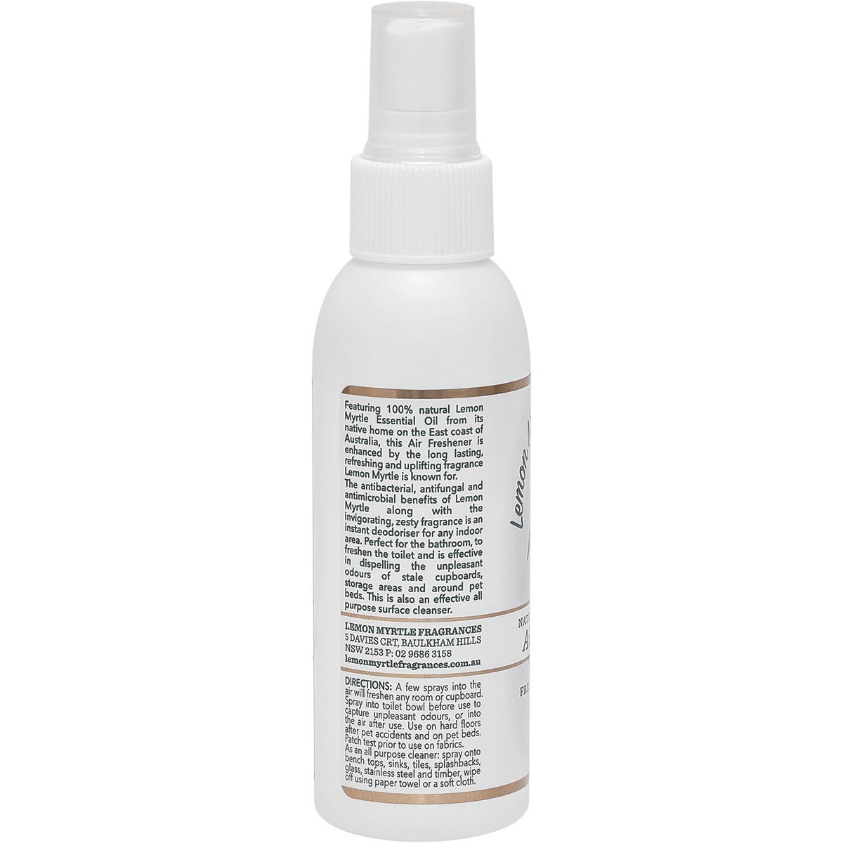 Lemon Myrtle Fragrances 125ml air freshener spray bottle with a yellow label featuring green leaves.