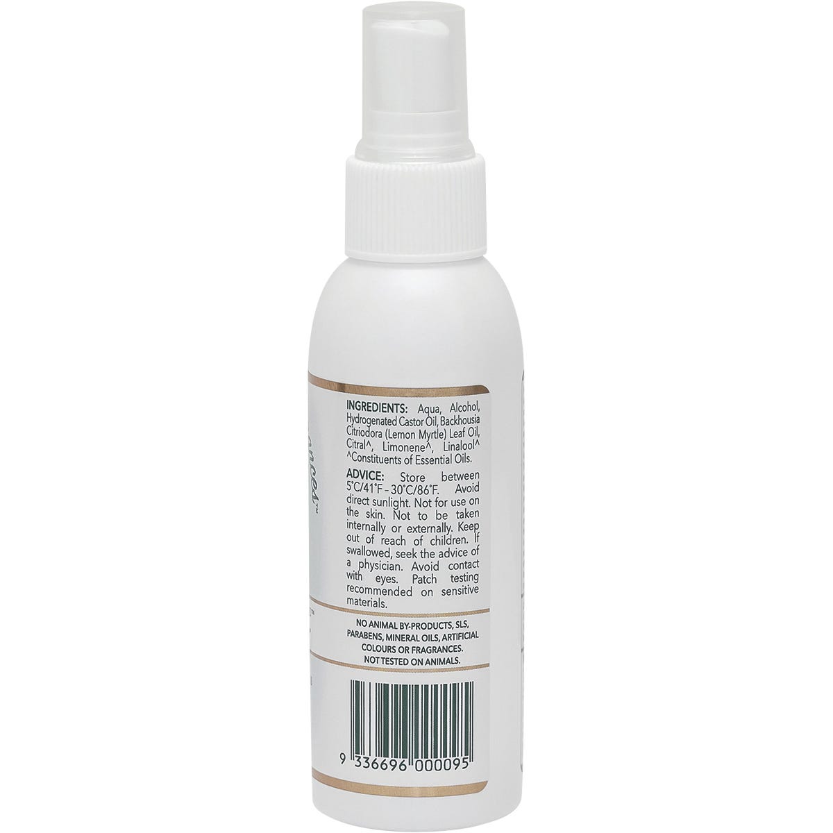 Side view of a 125ml Lemon Myrtle Fragrances Air Freshener spray bottle with a green and yellow label.