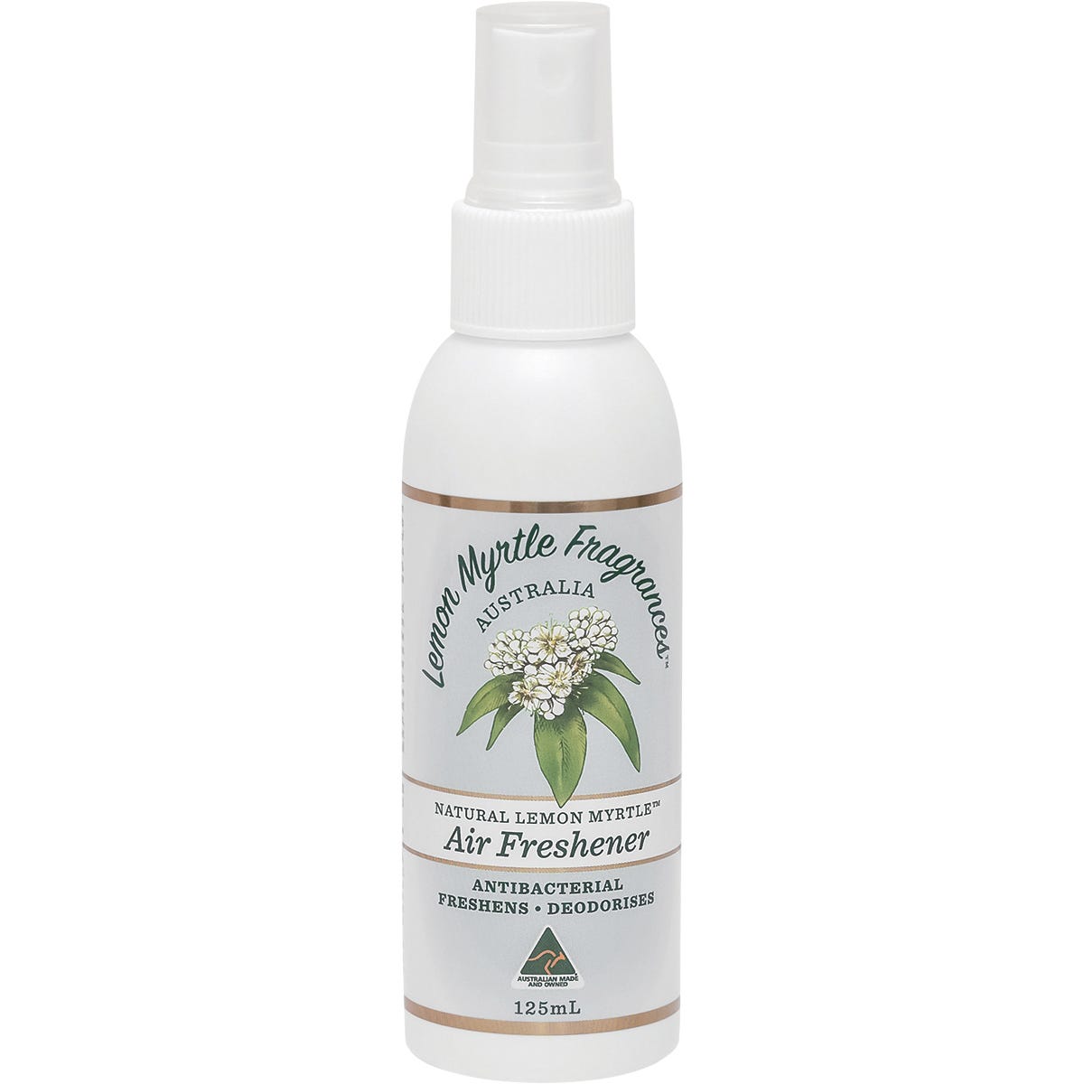 Lemon Myrtle Fragrances Air Freshener 125ml spray bottle featuring a natural lemon scent and essential oils.