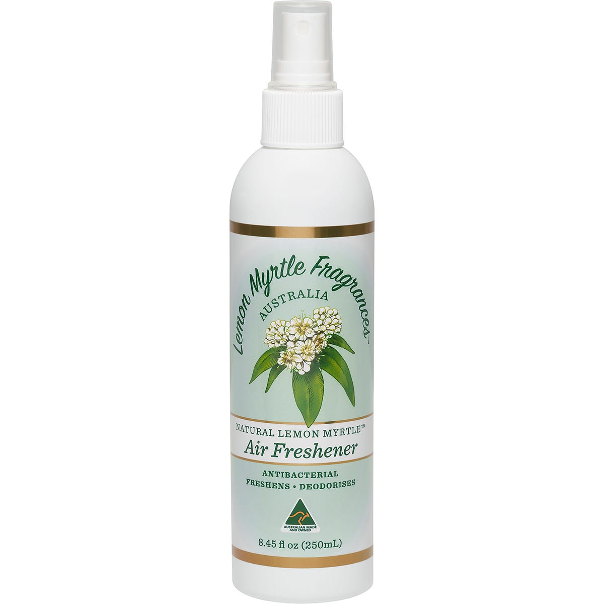 Lemon Myrtle Fragrances 250ml air freshener spray bottle with a green label and clear pump lid.