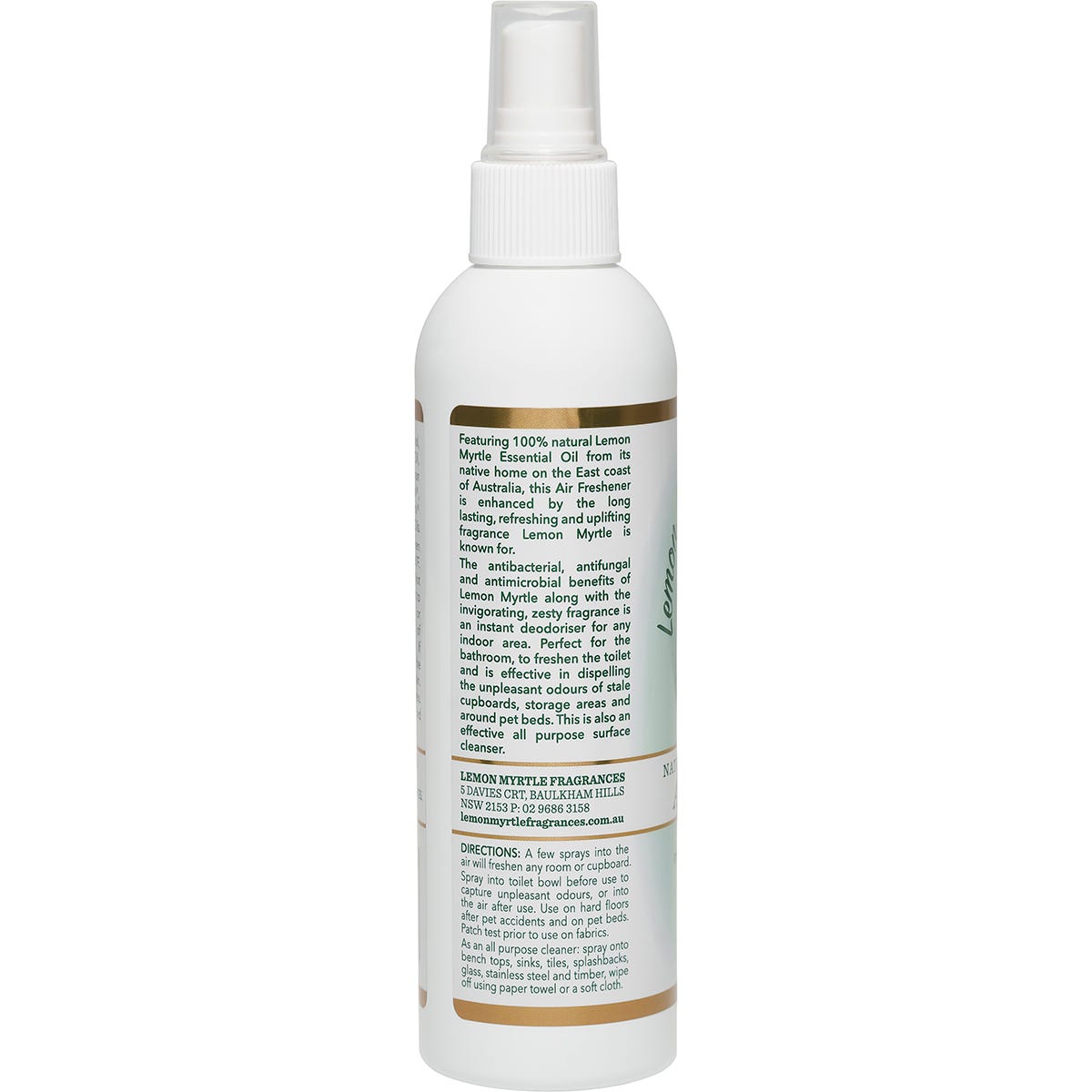 Lemon Myrtle Fragrances 250ml air freshener bottle with a green label and clear spray cap on a white background.