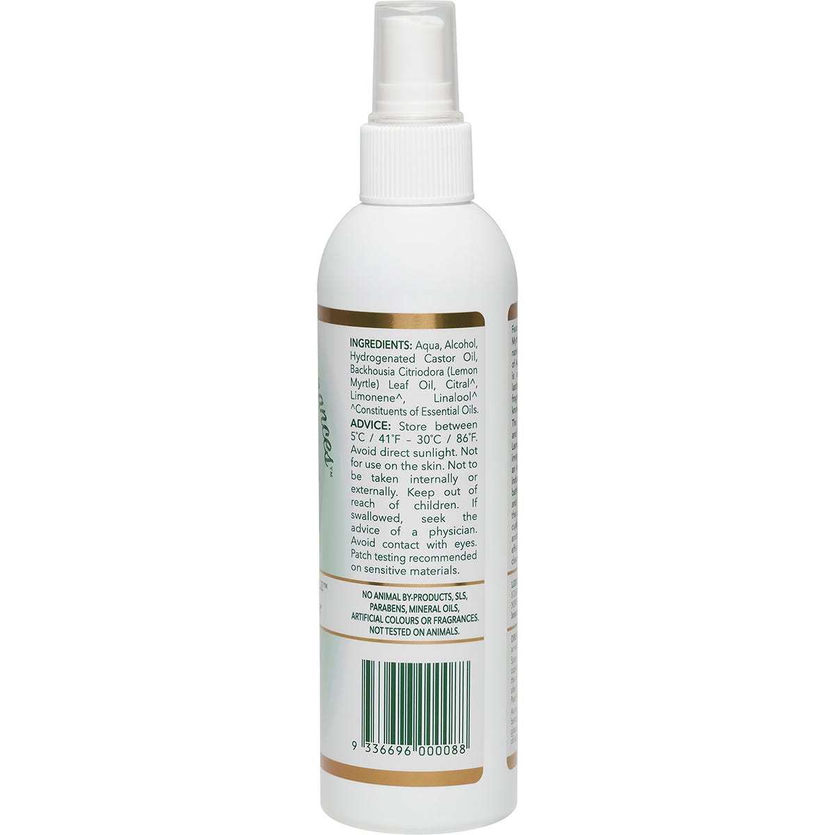 Side view of a Lemon Myrtle Fragrances 250ml air freshener bottle showing the ingredients list and a green label.