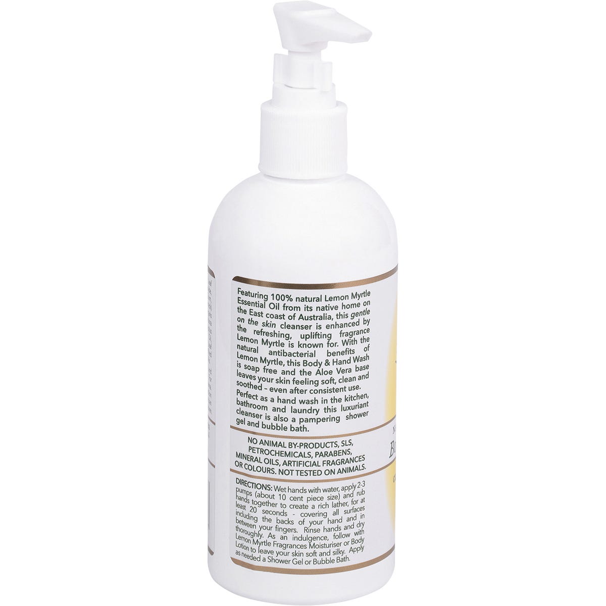 250ml pump bottle of Lemon Myrtle Body & Hand Wash with a yellow label and clear liquid.