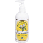 250ml pump bottle of Lemon Myrtle Fragrances Body & Hand Wash with a clear container and yellow botanical label.