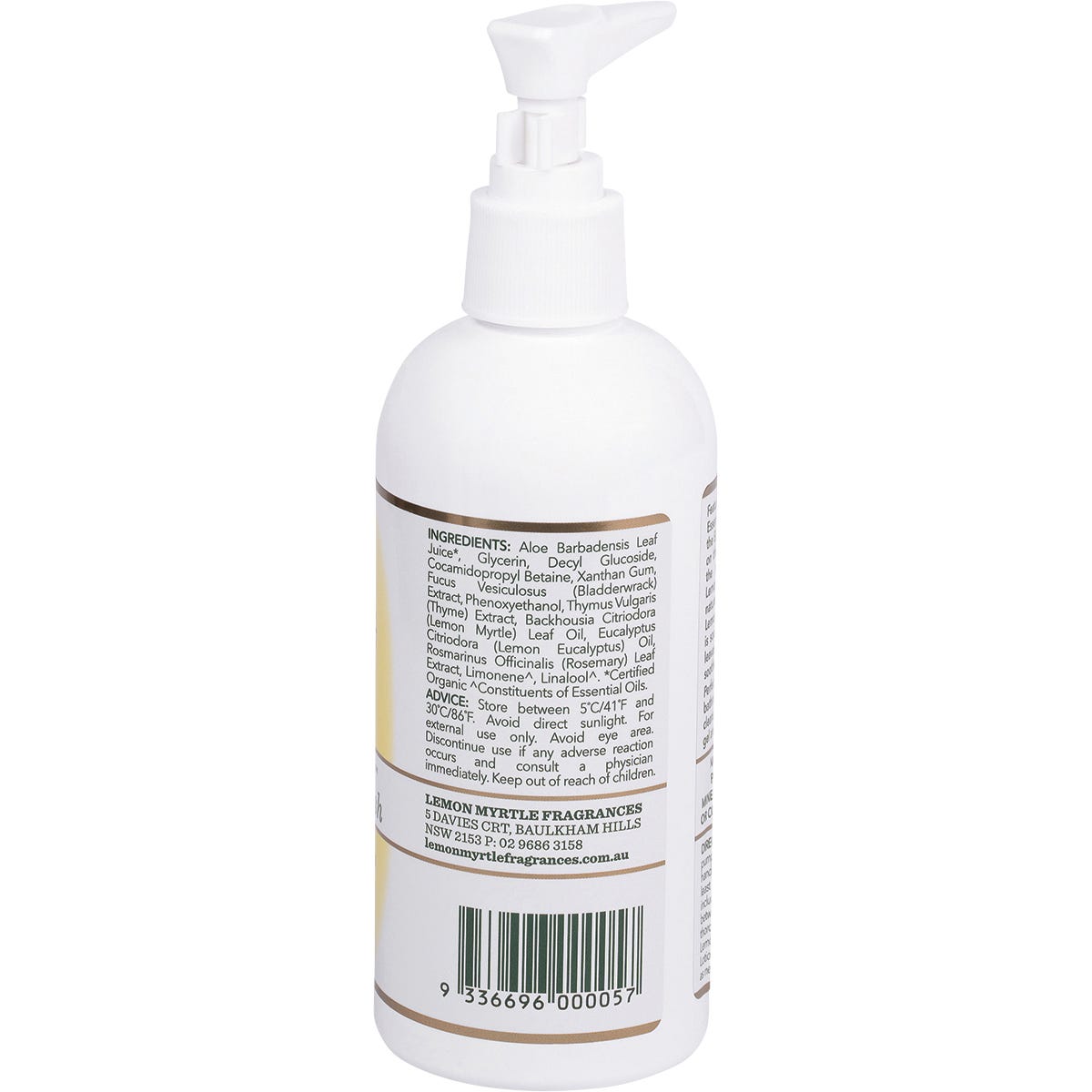 Side view of a 250ml Lemon Myrtle Body & Hand Wash pump bottle showing product details and a yellow botanical label.