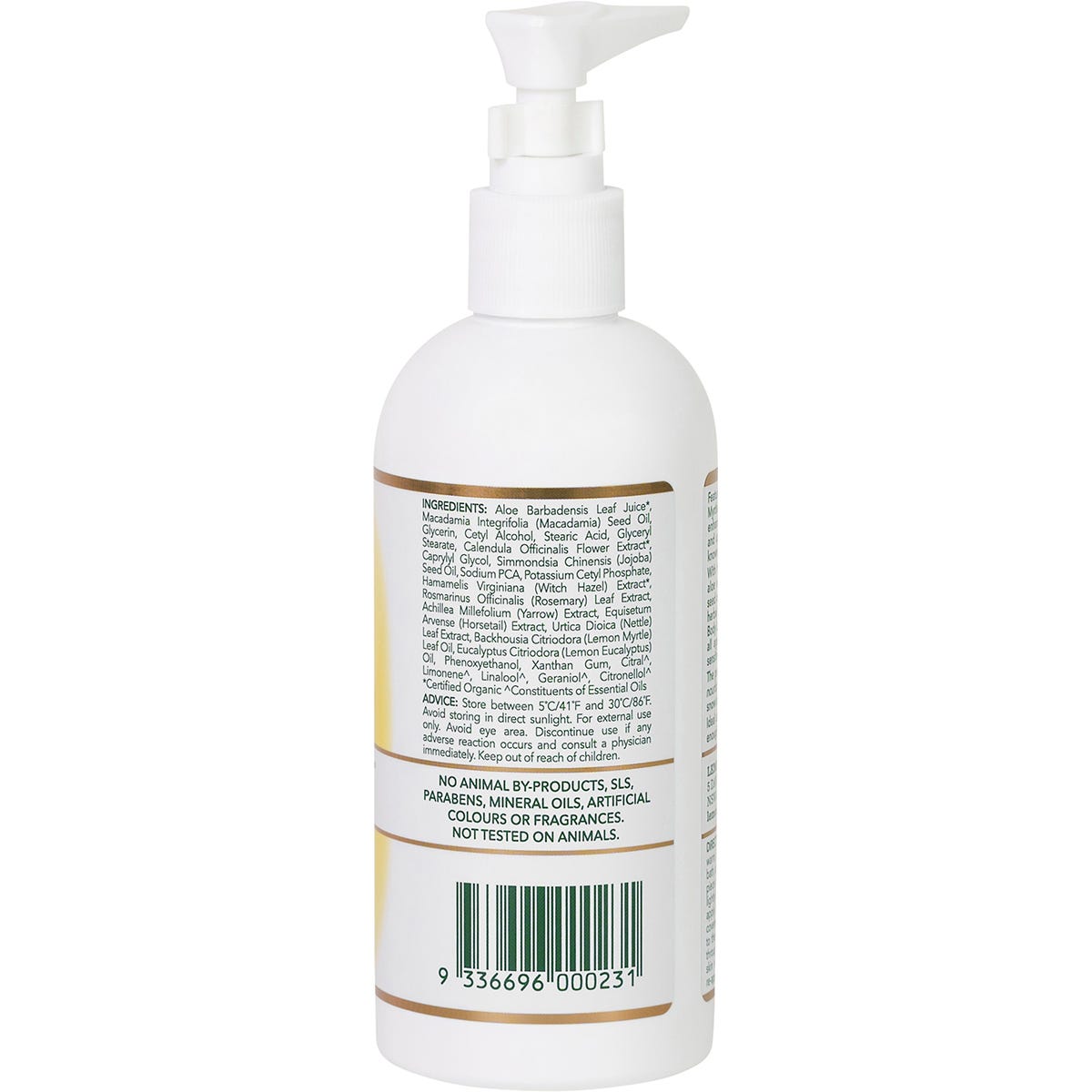 Back of Lemon Myrtle Fragrances Body Lotion 250ml bottle showing ingredients, directions, and Australian Made logo.