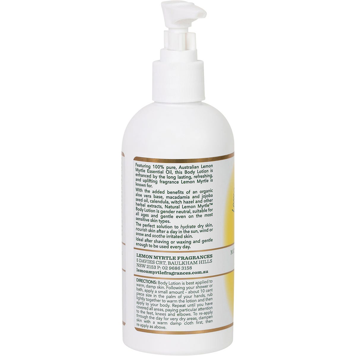 250ml bottle of Lemon Myrtle Fragrances Body Lotion with a white pump lid and yellow botanical label.