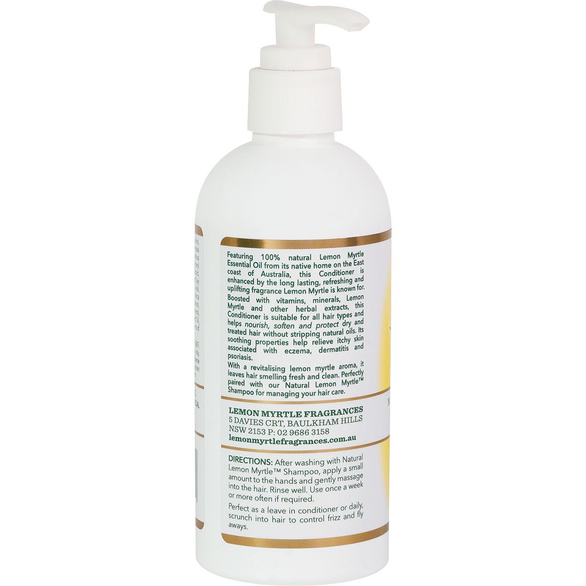 250ml bottle of Lemon Myrtle Fragrances Conditioner with botanical illustrations against a white background.