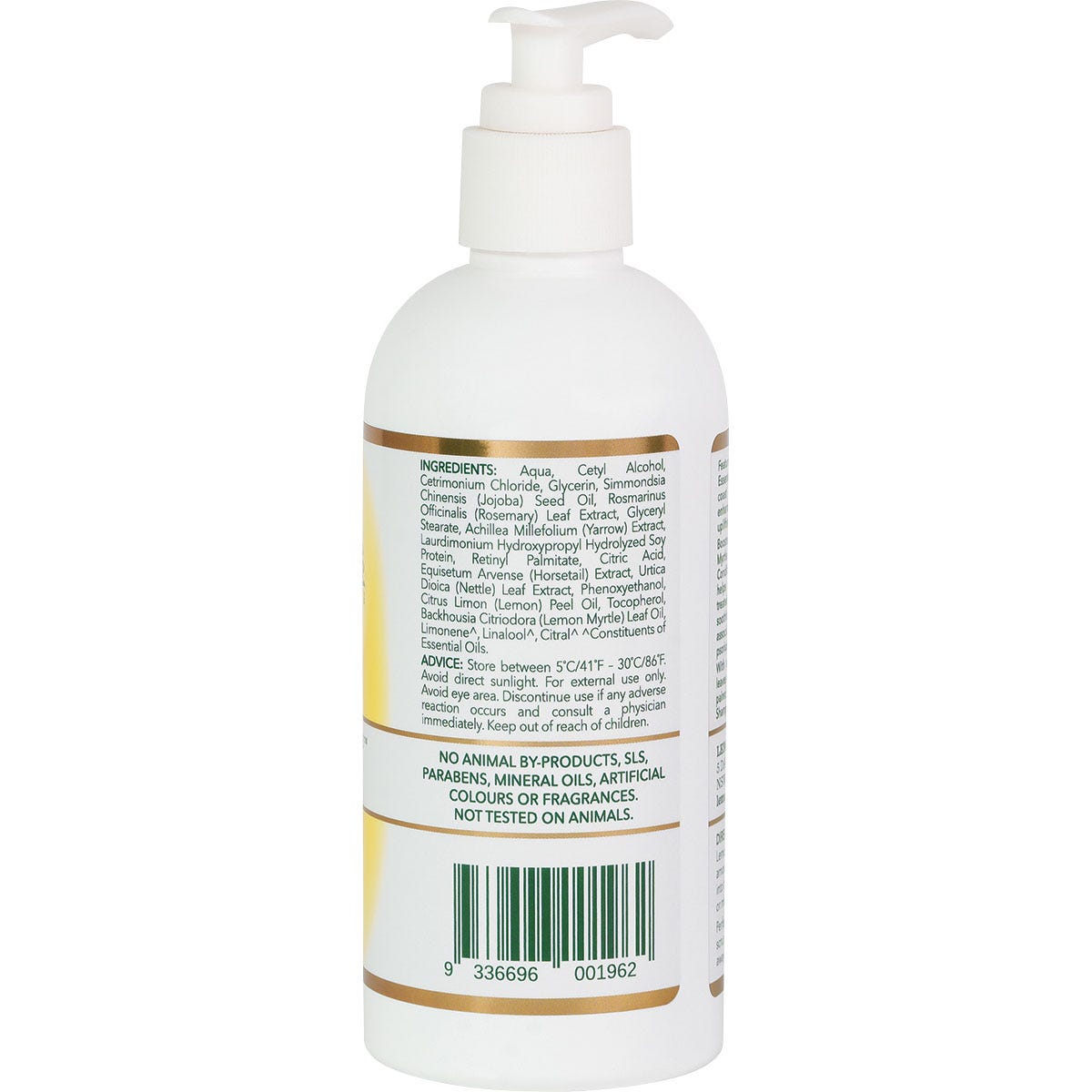 Side view of a 250ml Lemon Myrtle Fragrances Conditioner bottle showing product benefits and natural ingredients.