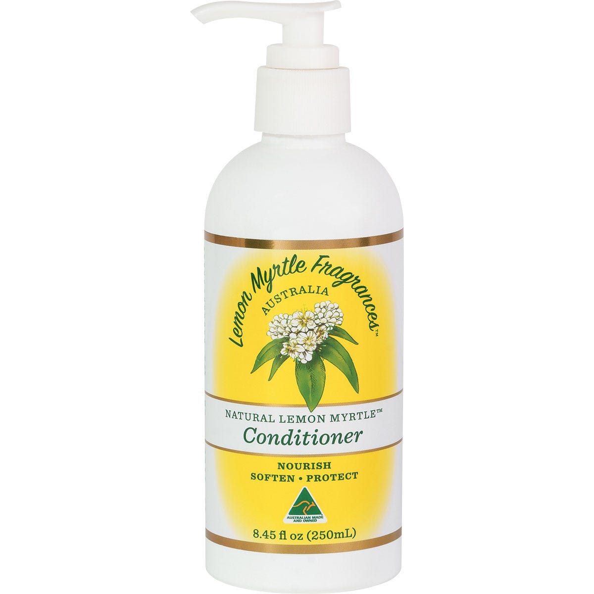 250ml bottle of Lemon Myrtle Fragrances Conditioner with botanical illustrations on a white background.