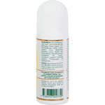 Side view of a Lemon Myrtle Fragrances 75ml roll-on deodorant bottle highlighting product benefits and ingredients.