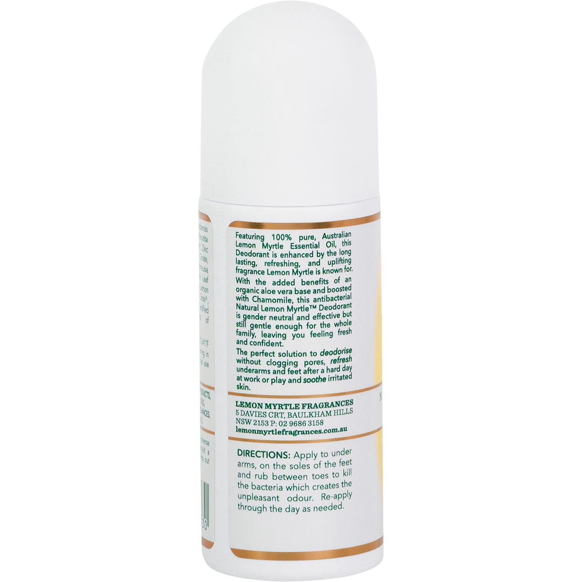 Lemon Myrtle Fragrances 75ml roll-on natural deodorant bottle with a white cap and yellow label.