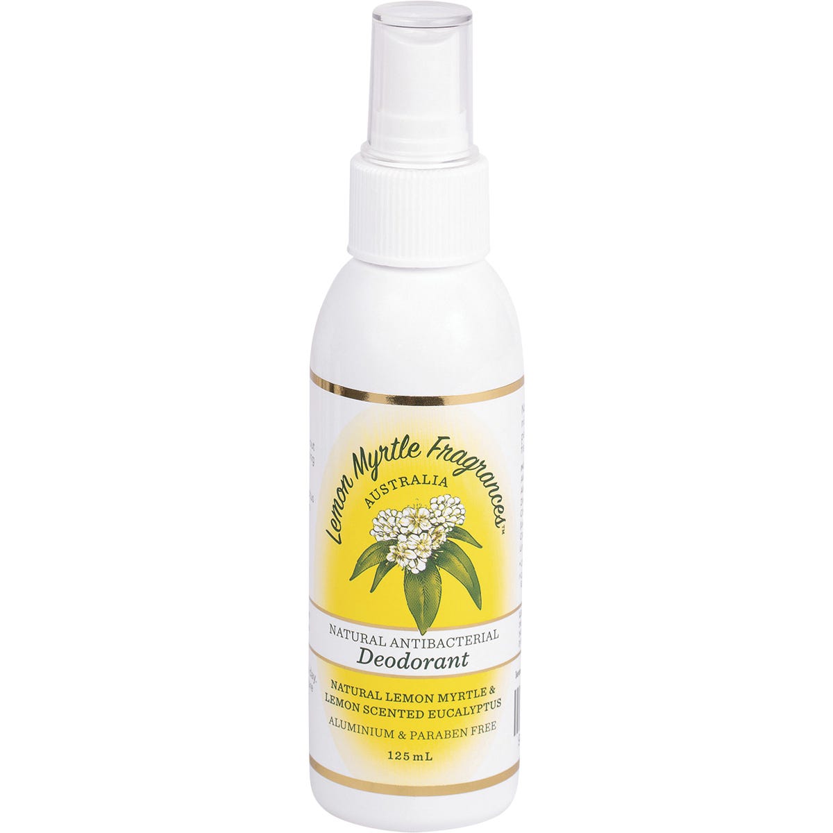125ml spray bottle of Lemon Myrtle Fragrances Aluminium Free Deodorant with a clear cap and green label.