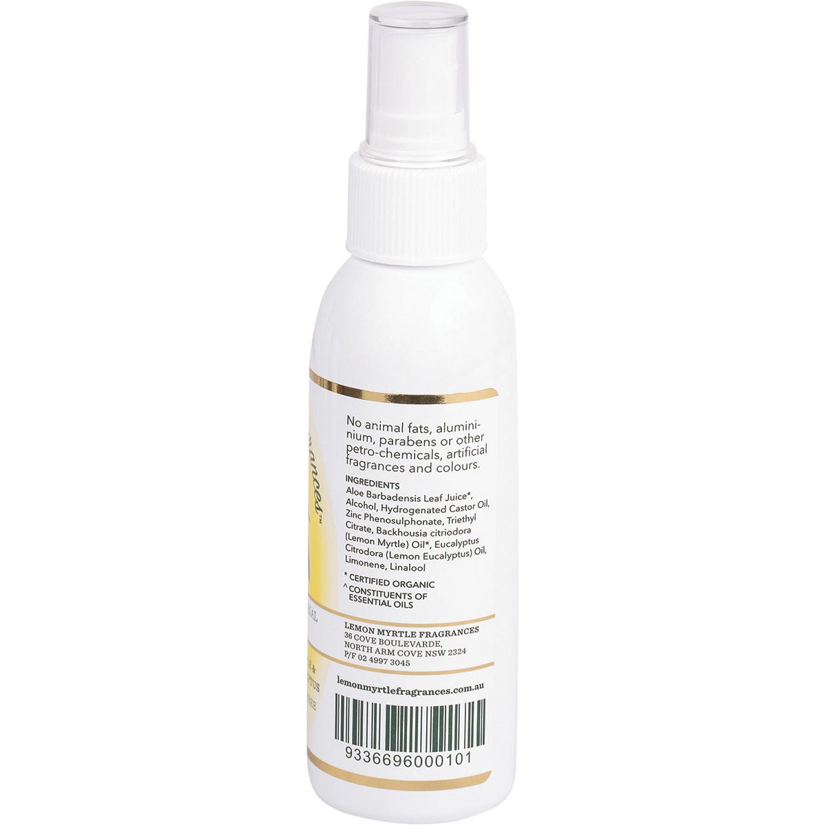 Side view of a 125ml Lemon Myrtle Fragrances Aluminium Free Deodorant spray bottle with a green label and clear cap.