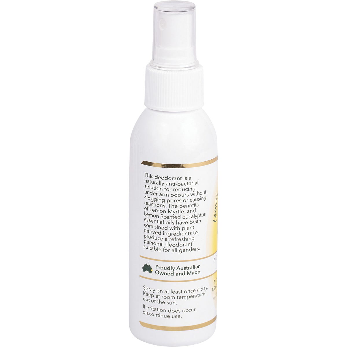 Lemon Myrtle Fragrances aluminium-free deodorant spray 125ml bottle with a clear cap and green label.