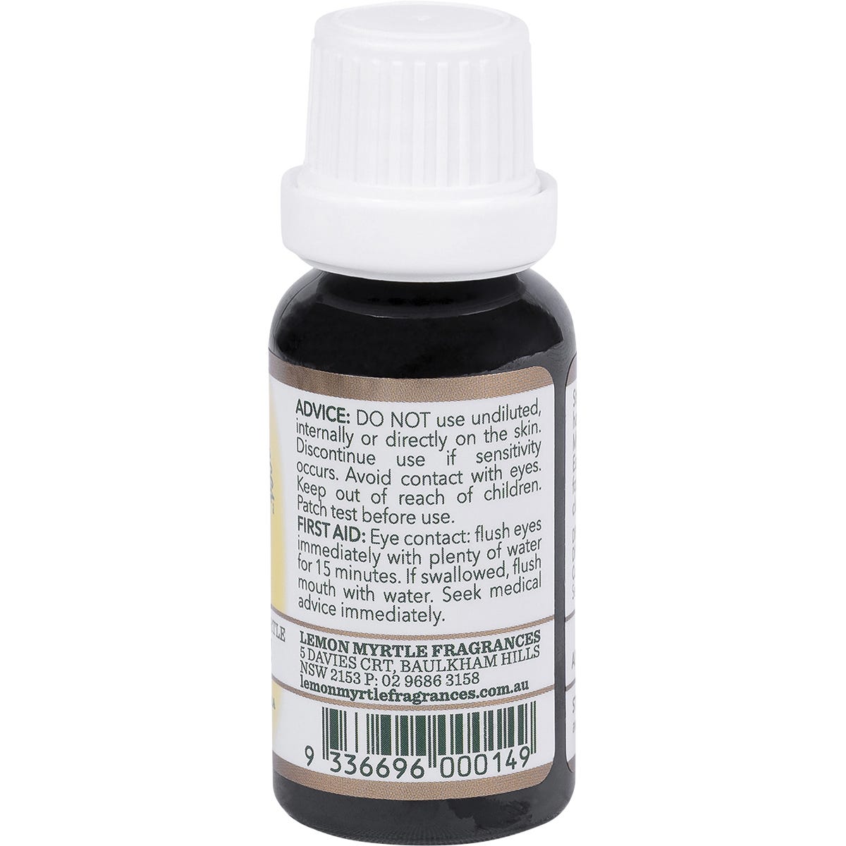20ml bottle of Lemon Myrtle 100% Essential Oil featuring a white and yellow label on a white background.