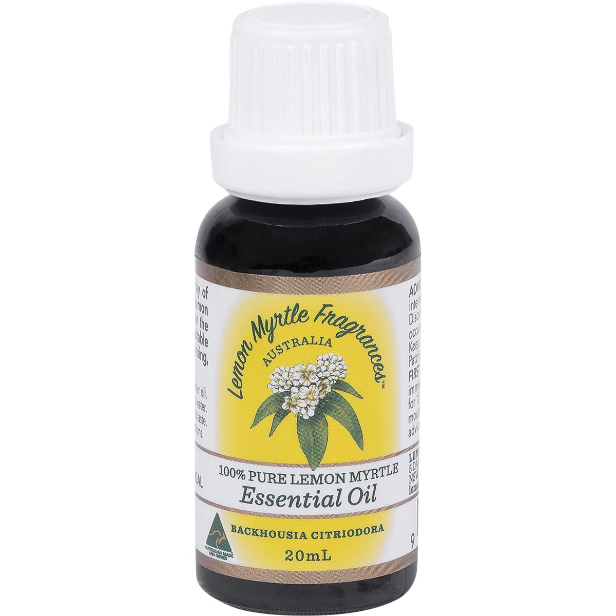 20ml bottle of Lemon Myrtle Fragrances 100% Essential Oil with a white and yellow label on a white background.