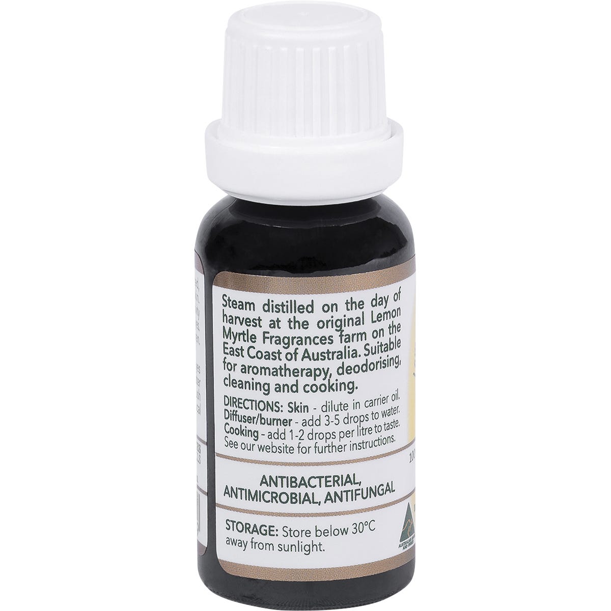 20ml bottle of Lemon Myrtle 100% Essential Oil featuring a white and yellow label on a white background.