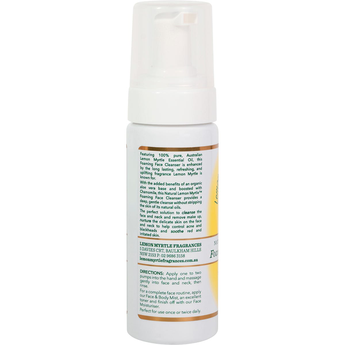 Lemon Myrtle Fragrances Foaming Face Cleanser 150ml bottle with a clear pump lid on a white background.
