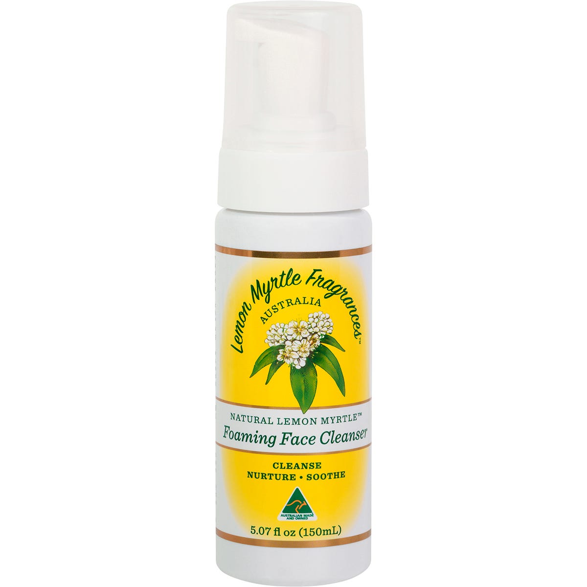 150ml bottle of Lemon Myrtle Fragrances Foaming Face Cleanser with a clear cap and pump dispenser.