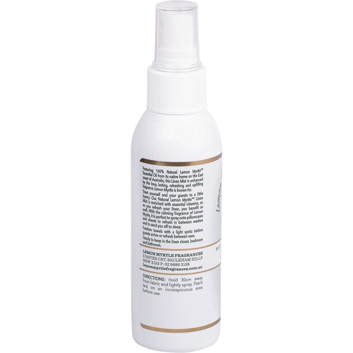 Close-up of a 125ml Lemon Myrtle Fragrances Linen Mist bottle featuring a yellow label with botanical illustrations.