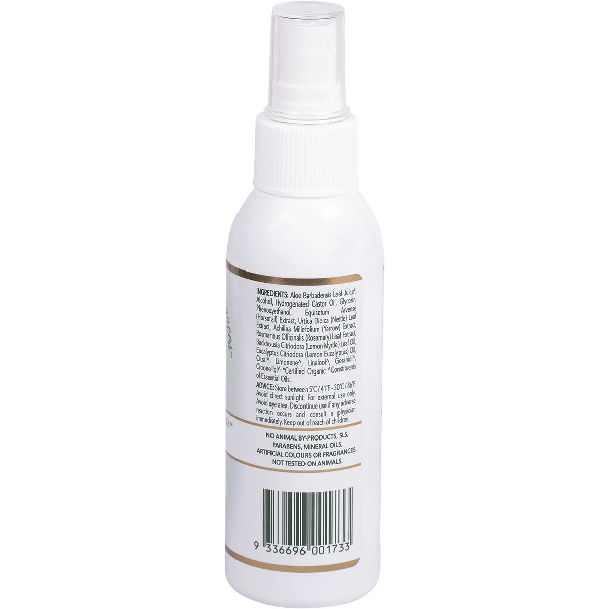 Side view of a 125ml Lemon Myrtle Linen Mist bottle showing directions for use and a barcode on a yellow label.