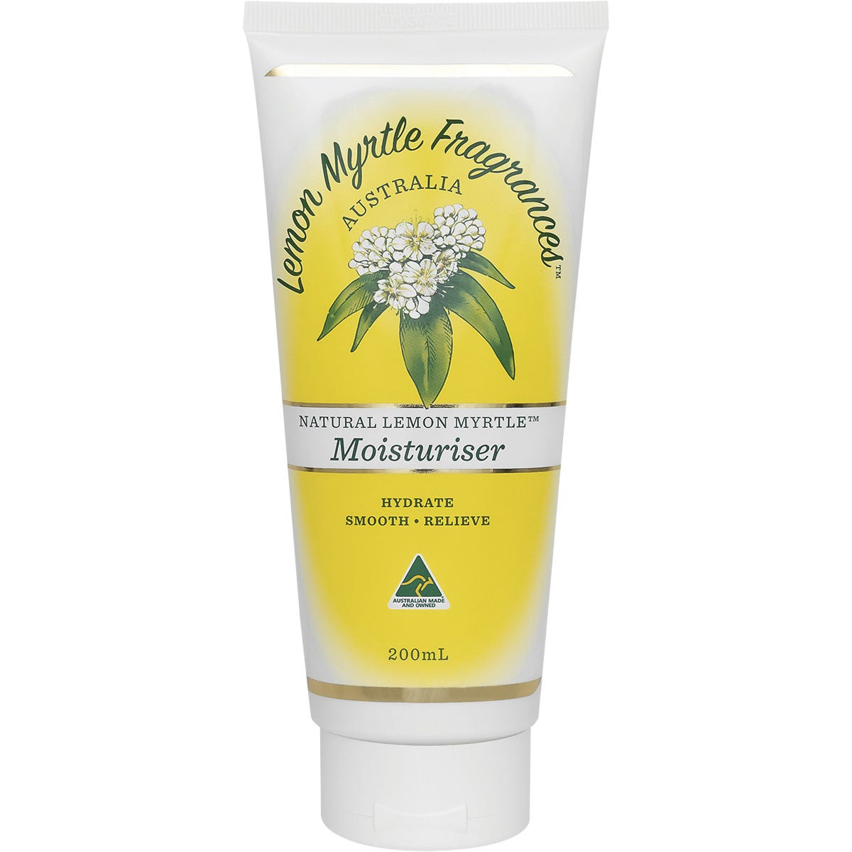 200ml tube of Lemon Myrtle Fragrances Moisturiser featuring a white and yellow label on a clean white background.