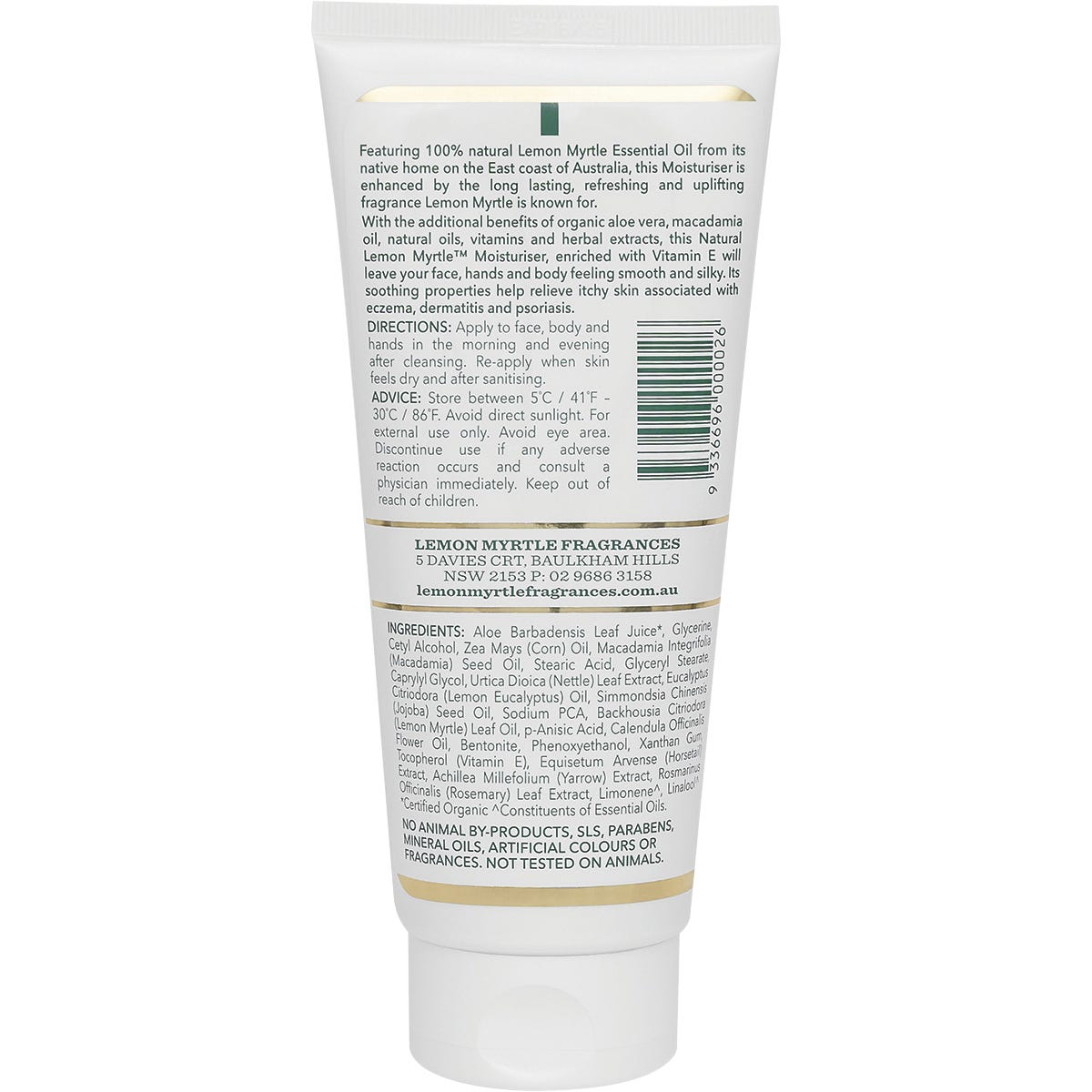 Lemon Myrtle Fragrances 200ml moisturizer tube with a white and yellow label on a white background.
