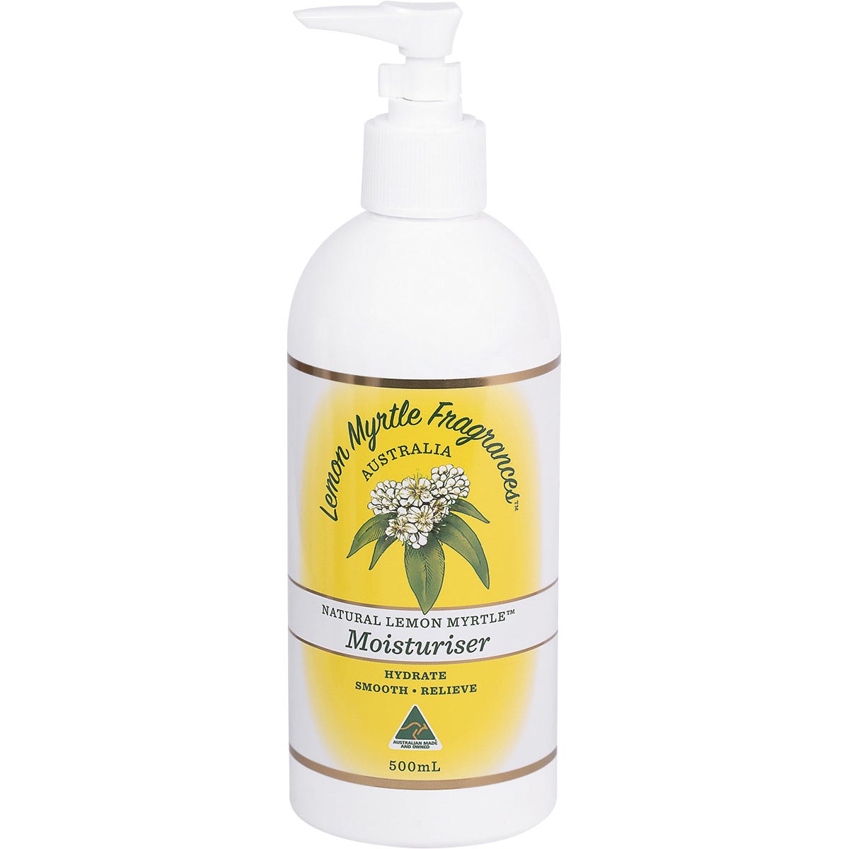 500ml bottle of Lemon Myrtle Fragrances Moisturiser with a pump dispenser and botanical label on a white background.